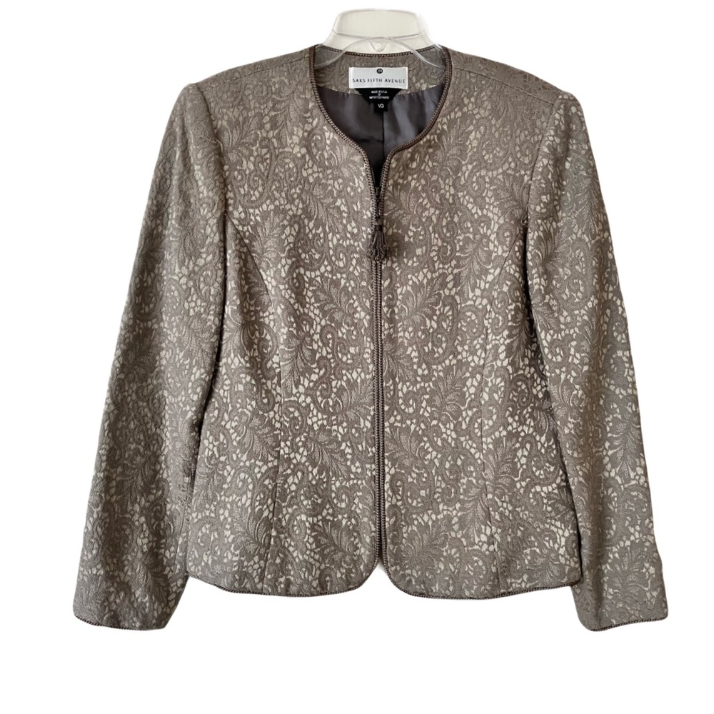 Vintage Saks 5th Ave Blazer, Sz. 10, Champagne Color, Lace Tapestry, Wool Blend